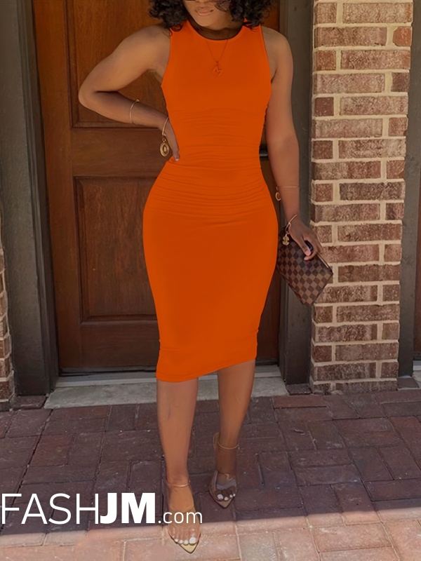  Orange Bodycon Crew Neck Dress image2