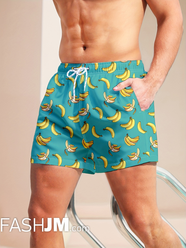  Banana Print Men Loose Mesh Lined Beach Shorts Activewear image2