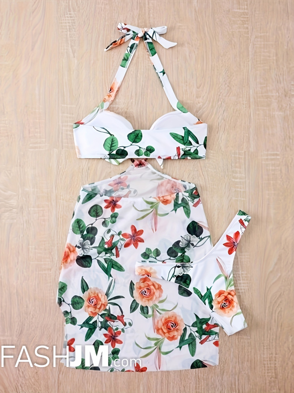  Floral Print Knot Front Ring 3 Piece Set Swimsuits image2