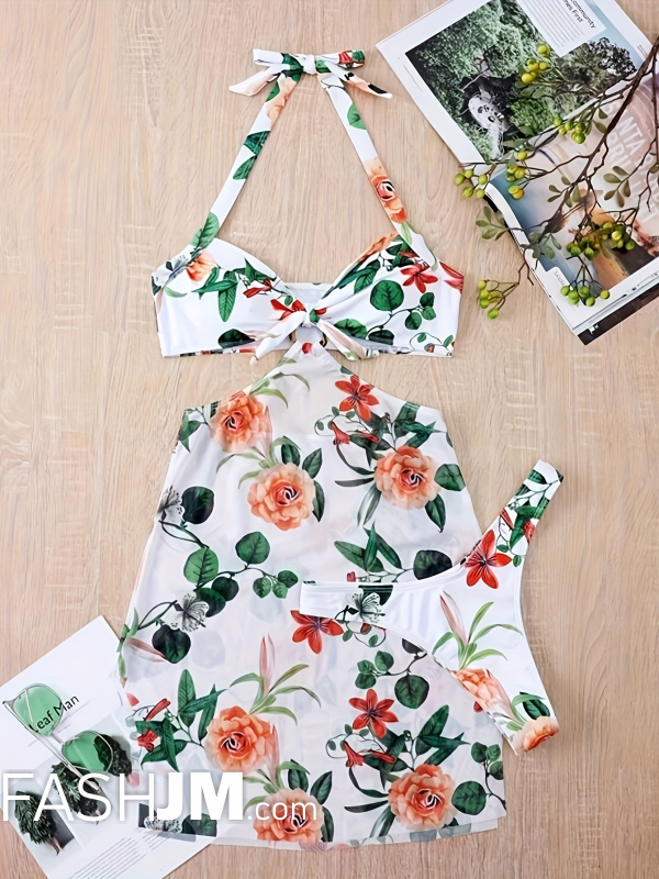 Floral Print Knot Front Ring 3 Piece Set Swimsuits image4