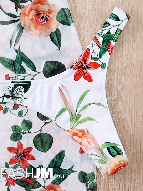  Floral Print Knot Front Ring 3 Piece Set Swimsuits image5