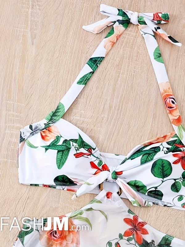  Floral Print Knot Front Ring 3 Piece Set Swimsuits image6