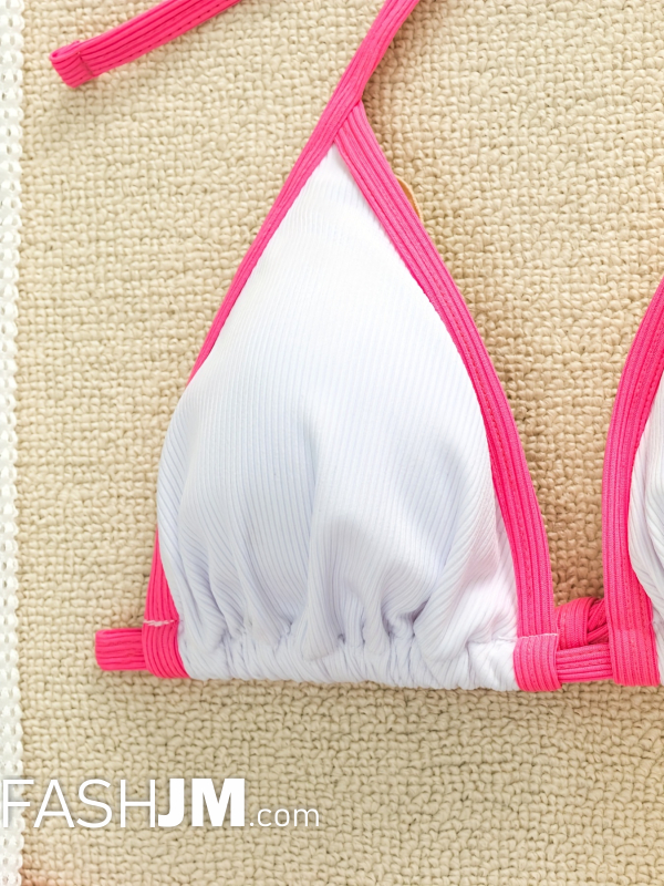  Pink Contrast Trim High Stretch Color Block 3 Piece Set Swimsuit image5