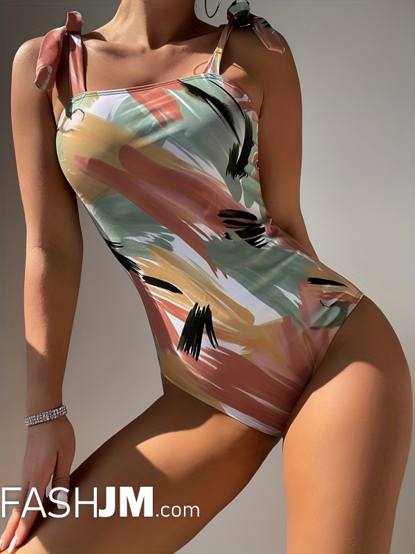  Colorful Brush Print Tie Shoulder One Piece Swimsuit image2