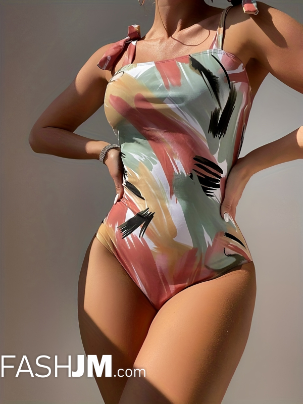  Colorful Brush Print Tie Shoulder One Piece Swimsuit image5