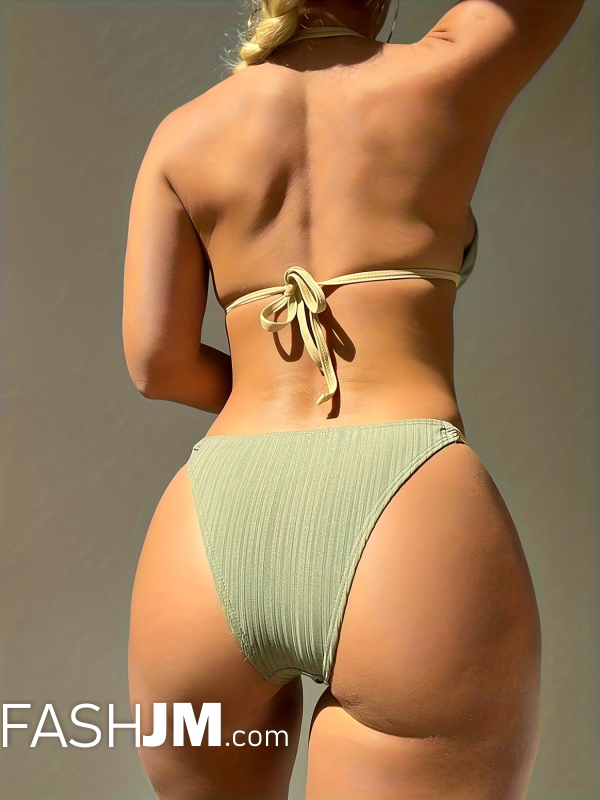 Green Rib Knit Strappy Ring 2 Piece Set Bikini image4
