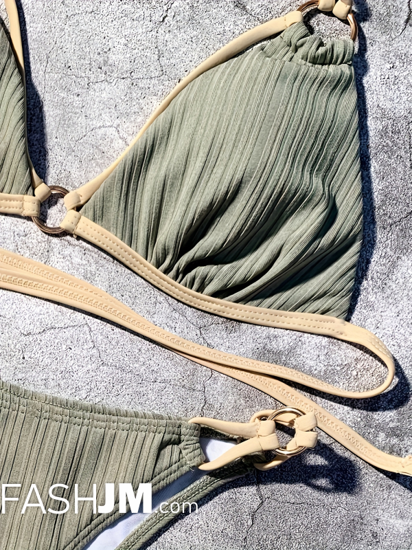  Green Rib Knit Strappy Ring 2 Piece Set Bikini image9