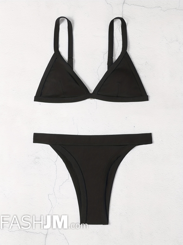  Black Contrast Trim V Neck Bikini Sets image1