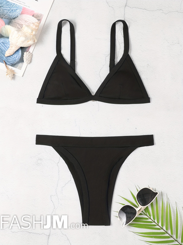  Black Contrast Trim V Neck Bikini Sets image2