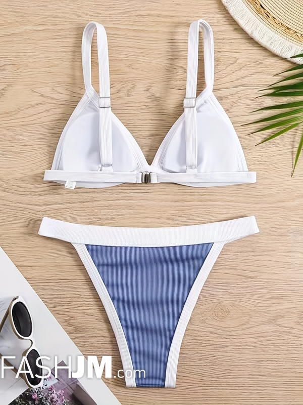  Contrast Trim V Neck Bikini Sets, Rib-Knit Back Buckle High Cut Two Pieces Swimsuit image3