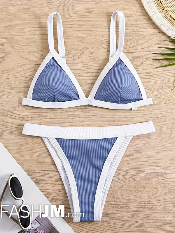  Contrast Trim V Neck Bikini Sets, Rib-Knit Back Buckle High Cut Two Pieces Swimsuit image8