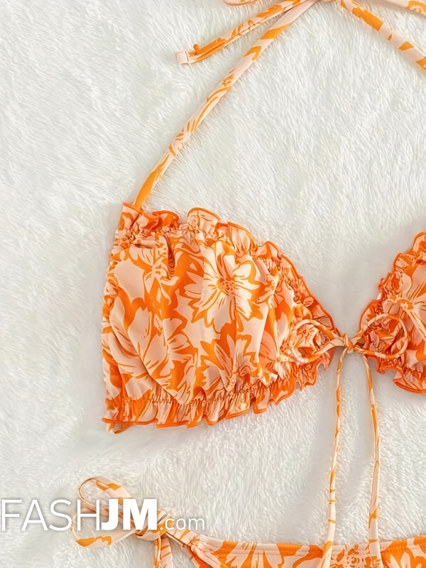 Floral Print Ruffle Trim Tie Front 2 Piece Set Bikini image1