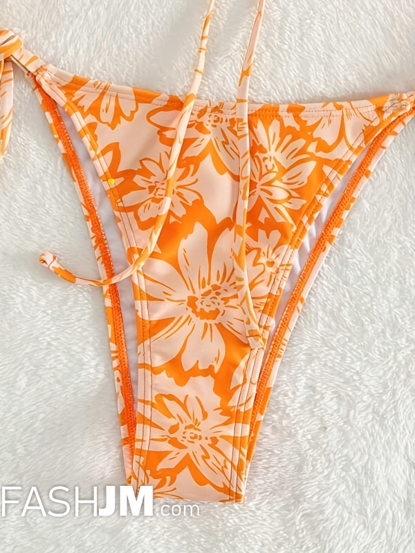  Floral Print Ruffle Trim Tie Front 2 Piece Set Bikini image2