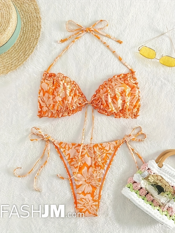  Floral Print Ruffle Trim Tie Front 2 Piece Set Bikini image3