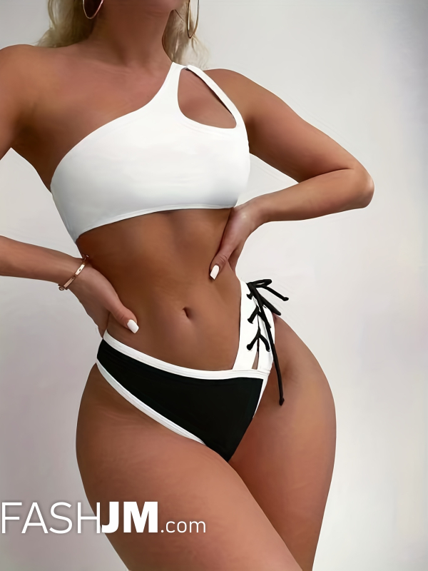 Lace Up Cut Out One Shoulder 2 Piece Set Bikini image1