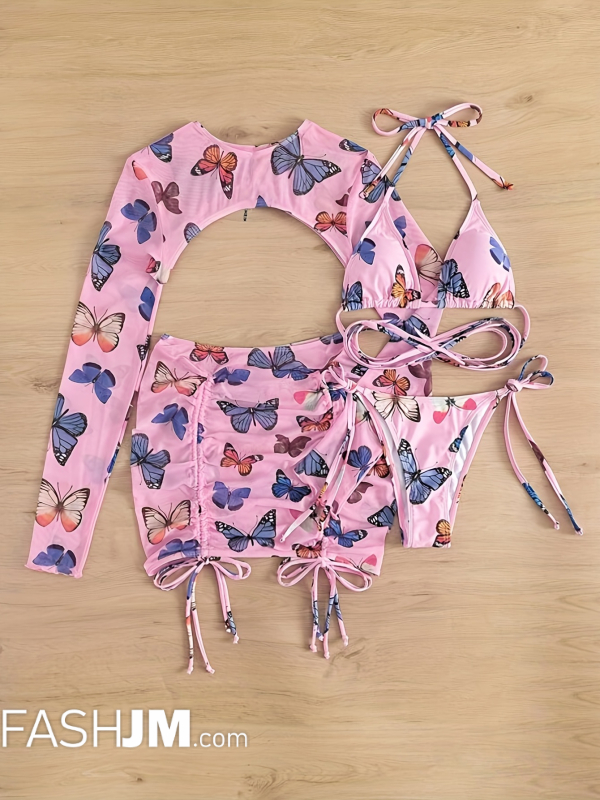  Pink Butterfly Print Criss Cross Bikini With Long Sleeve Shrug & Drawstring Cover Up image1