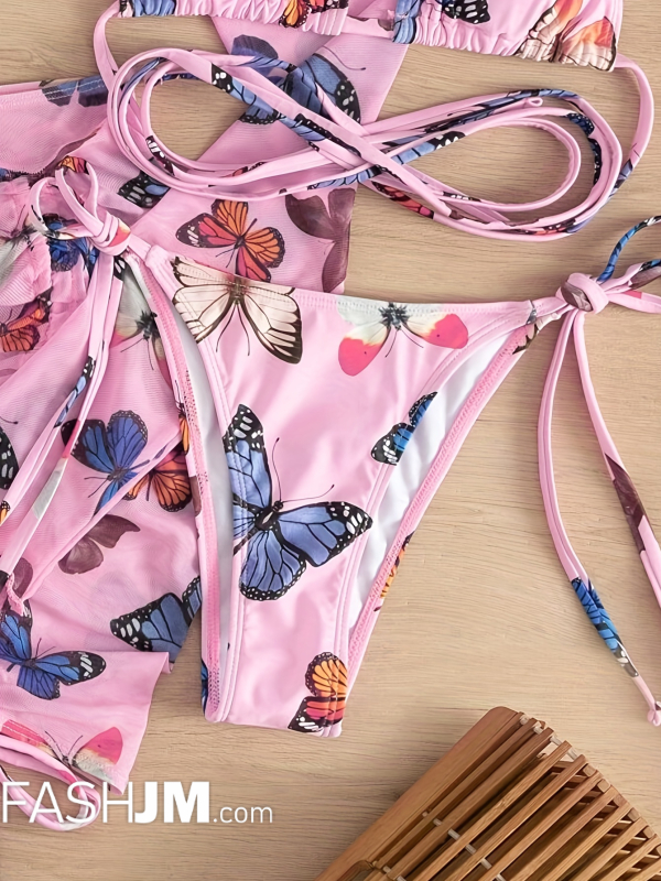  Pink Butterfly Print Criss Cross Bikini With Long Sleeve Shrug & Drawstring Cover Up image3