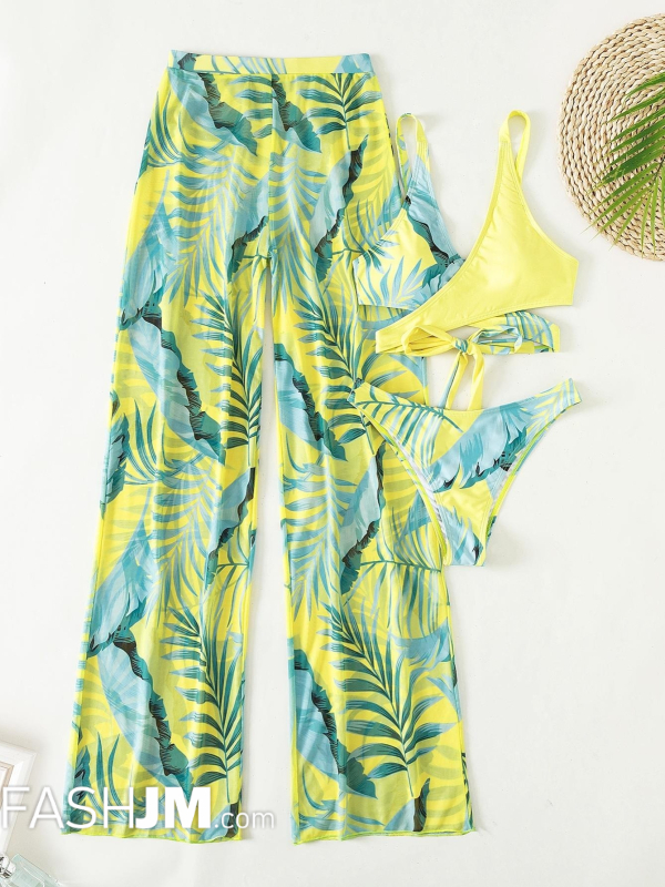  3-piece Contrast Print Tropical Plants Print Criss Cross Lace Up Back High Cut Bikini Sets image1
