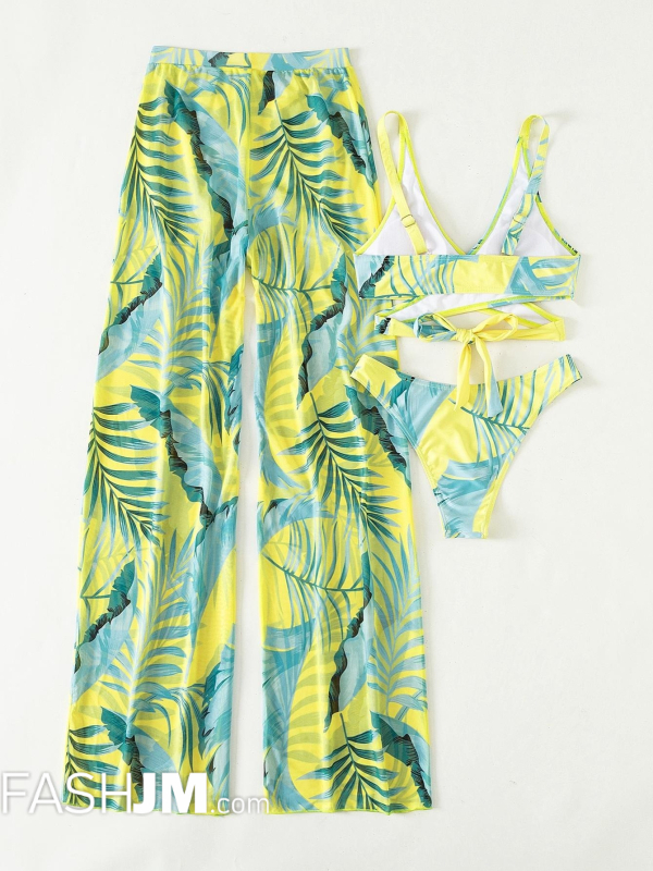  3-piece Contrast Print Tropical Plants Print Criss Cross Lace Up Back High Cut Bikini Sets image5