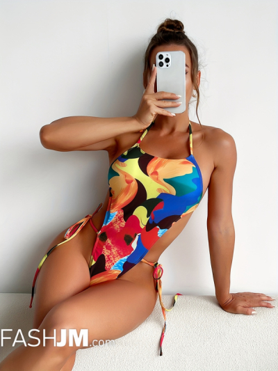 Colorful Painting Halter Neck Super High Cut Tie Side Tie Back Low Back One Piece Swimsuit