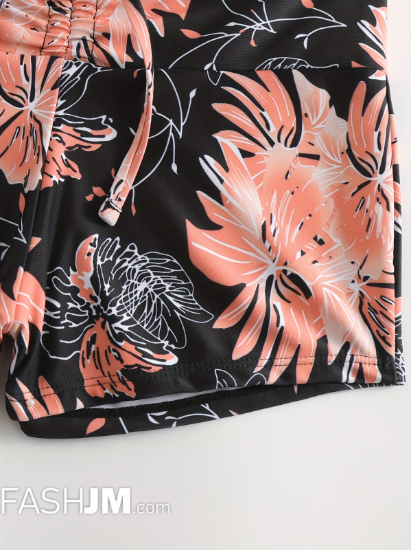  Floral Print Drawstring Bra Centre Bikini Sets image1