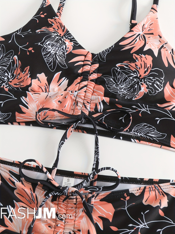  Floral Print Drawstring Bra Centre Bikini Sets image2