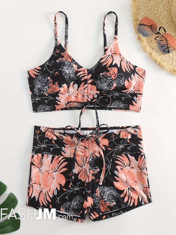 Floral Print Drawstring Bra Centre Bikini Sets image4