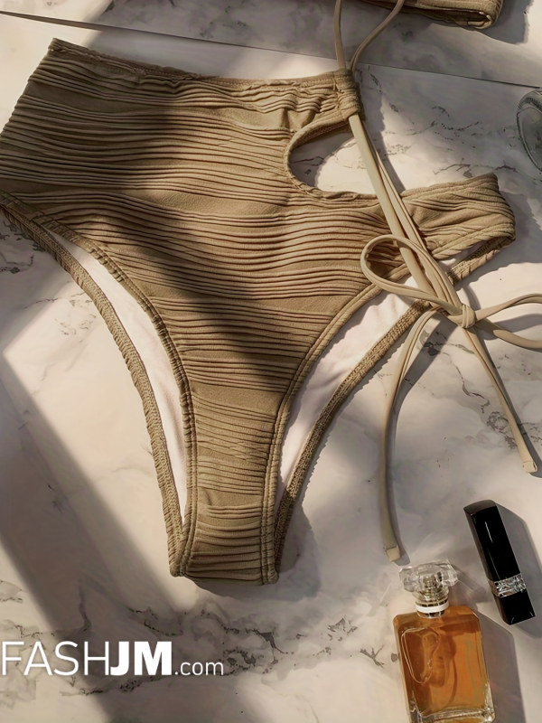  Khaki Striped Embossed Bikini Sets image1