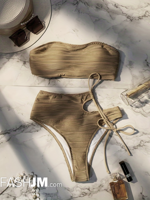  Khaki Striped Embossed Bikini Sets image4