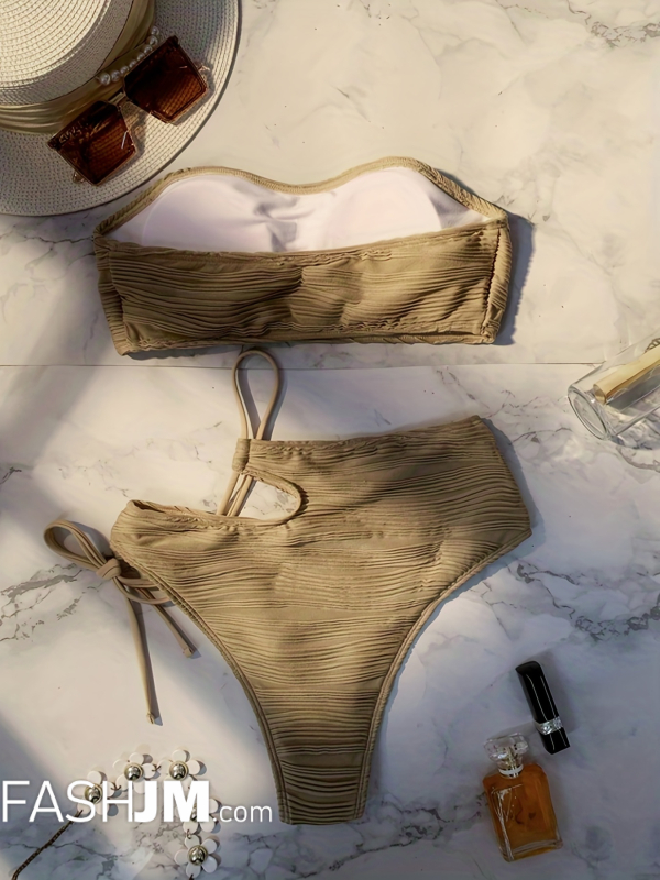  Khaki Striped Embossed Bikini Sets image5