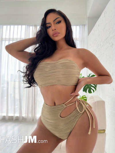 Khaki Striped Embossed Bikini Sets