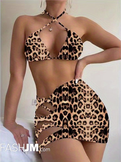 3-piece Animal Print Triangle Bikini