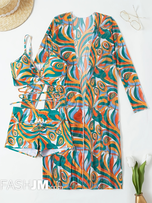  Dark Green 3-Pieces Geometric Print Bikini Sets image4