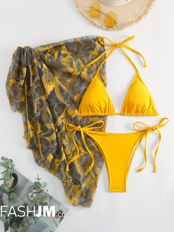  Solid Color Halter Bikini & Floral Pattern Mesh Cover Up image0