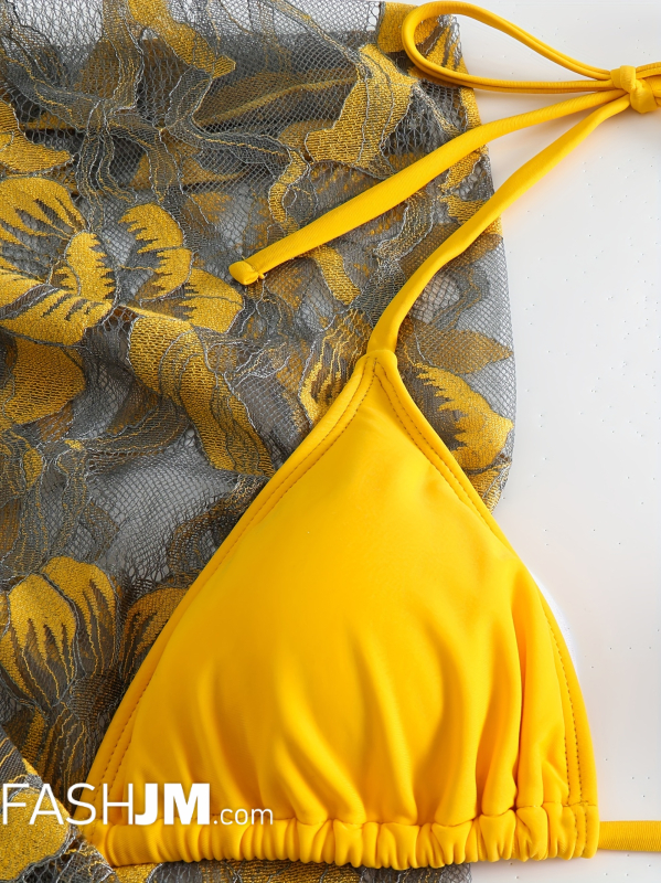  Solid Color Halter Bikini & Floral Pattern Mesh Cover Up image2
