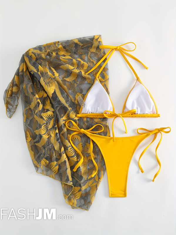  Solid Color Halter Bikini & Floral Pattern Mesh Cover Up image4