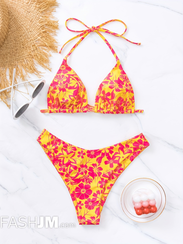  Floral Print Halter Triangle 2 Piece Set Bikini image2