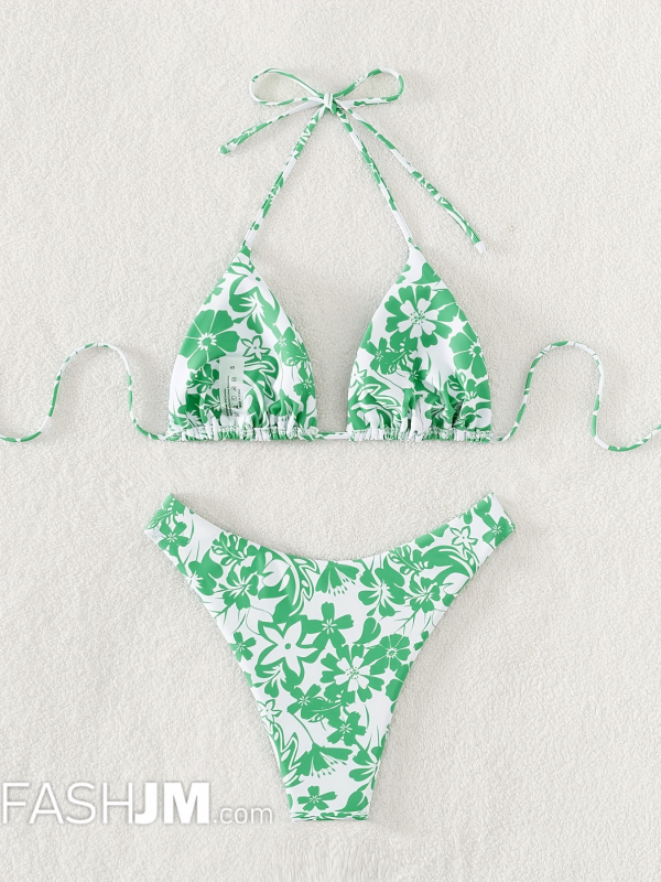  Floral Print Halter Triangle 2 Piece Set Bikini image2