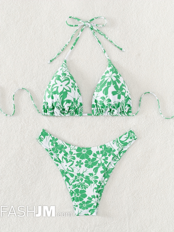  Floral Print Halter Triangle 2 Piece Set Bikini image3