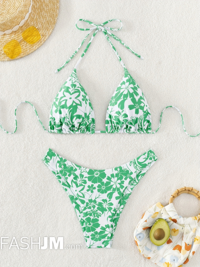 Floral Print Halter Triangle 2 Piece Set Bikini