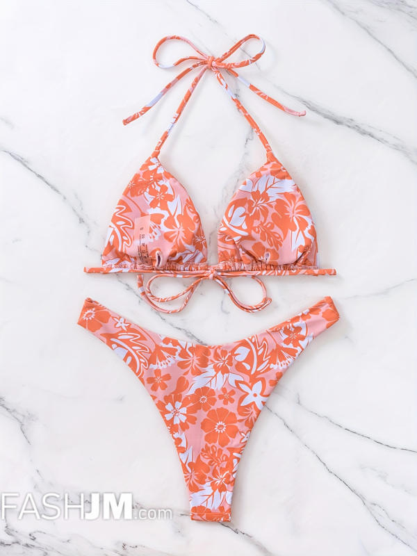  Floral Print Halter Triangle 2 Piece Set Bikini image2