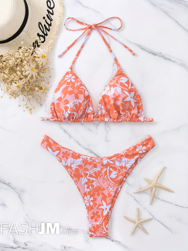  Floral Print Halter Triangle 2 Piece Set Bikini image3