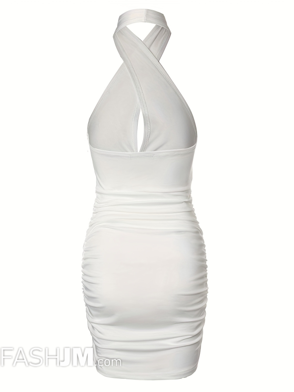  Solid Cut Out Cross Halter Dress image3
