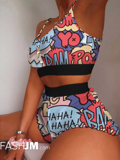 Graffiti Anime Print Pajama Set, Button Up Cami Crop Top & Lettuce Trim Shorts, Women