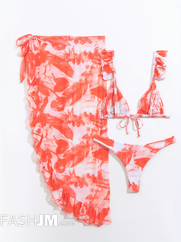  3-piece two-piece Women Plants Print Ruffled Bikini Set image2