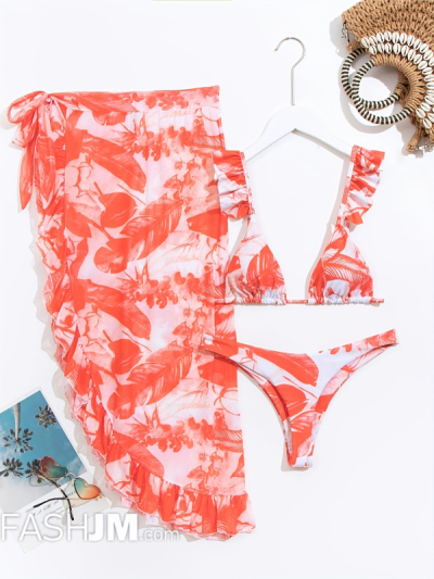 3-piece two-piece Women Plants Print Ruffled Bikini Set